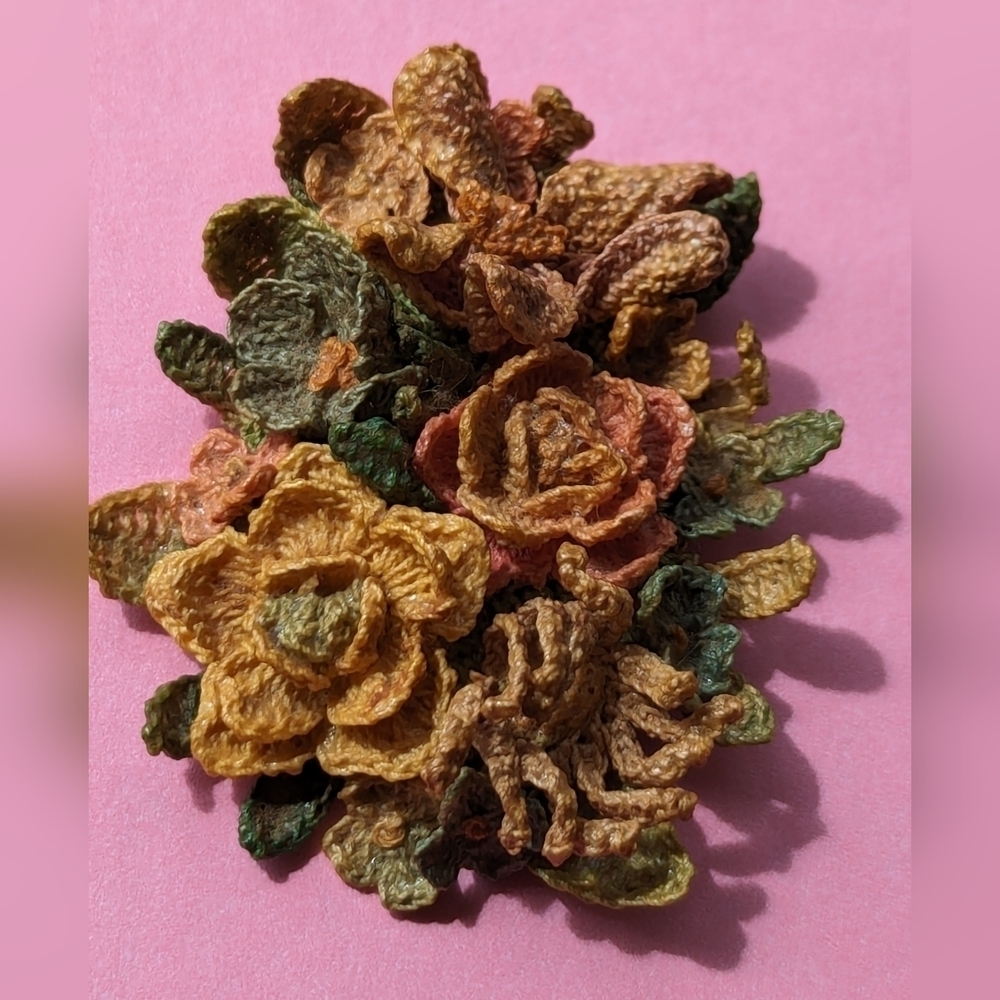 Crochet vintage antique floral brooch. Muted colors hand stitched pin back